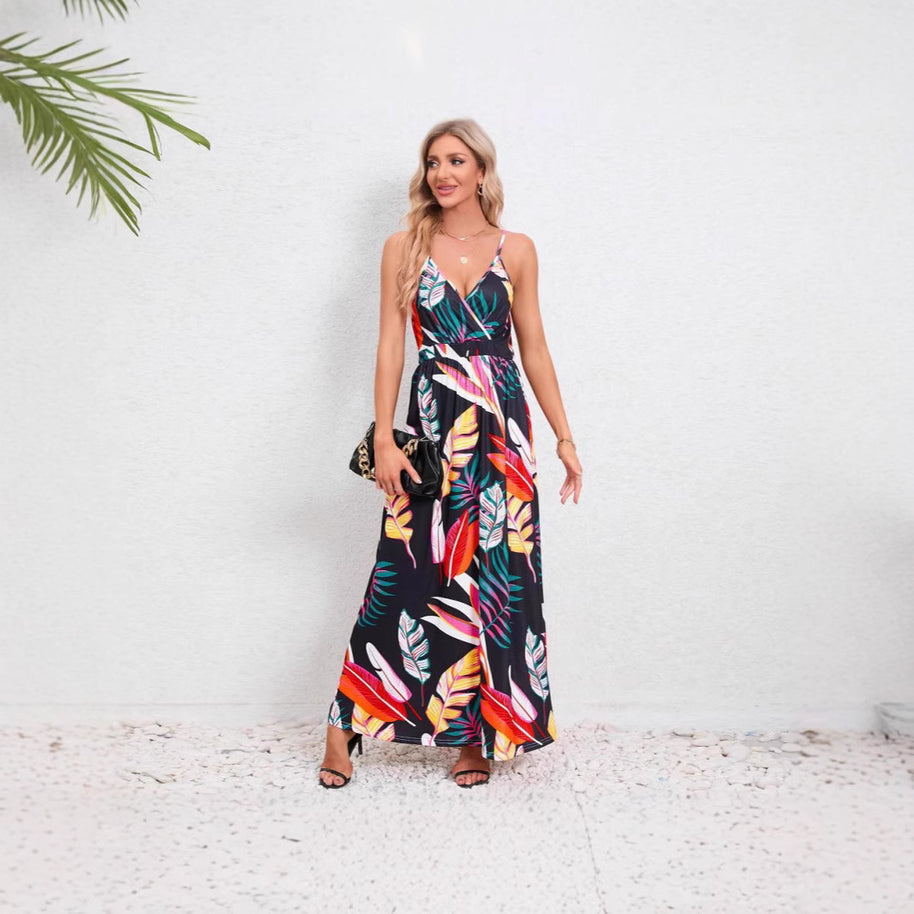Damen Maxikleid mit zartem V-Ausschnitt und buntem Pflanzenmuster WW