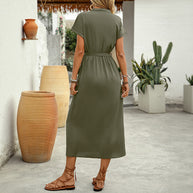 Damen elegantes Midikleid mit Taillengürtel und V-Ausschnitt WW