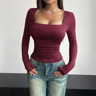 Damen figurbetontes Langarmshirt mit quadratischem Ausschnitt und Raffung WW