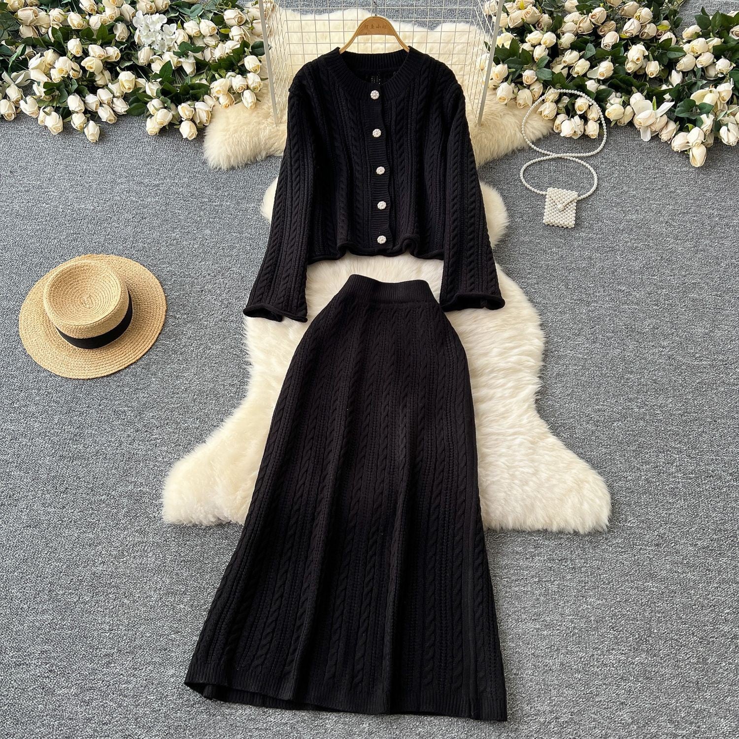 Damen Strickensemble mit Zopfstruktur WW