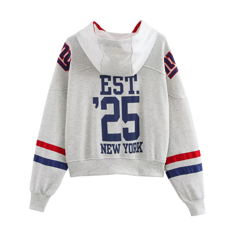 Damen sportlicher cropped Hoodie mit buntem Grafikelement und praktischem Kordelzug WW