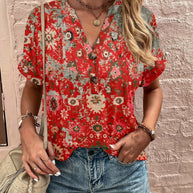 Damen Kurzarm Bluse mit dekorativem Musterdruck und knöpfbarem Ausschnitt WW