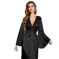 Damen Satin Kimono-Robe mit eleganten Spitzenverzierungen und weitem Schnitt WW