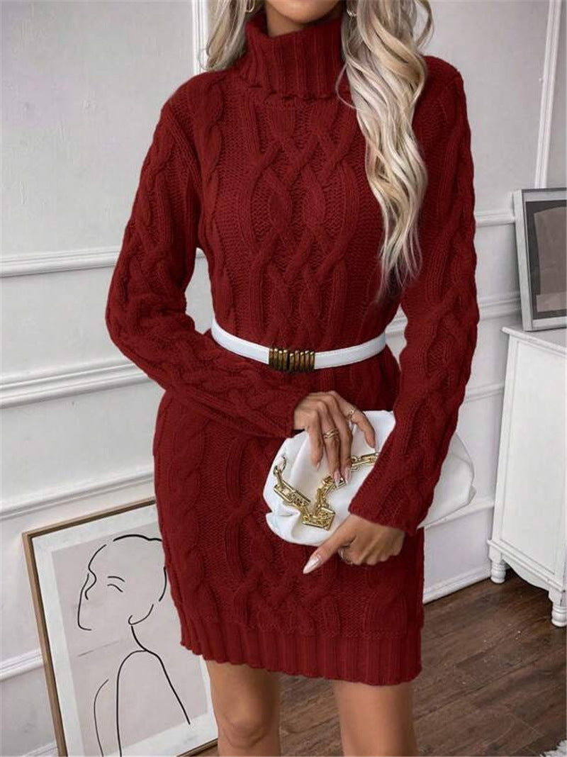 Damen Strickkleid mit hochgeschlossenem Kragen und Zopfmuster WW