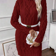 Damen Strickkleid mit hochgeschlossenem Kragen und Zopfmuster WW