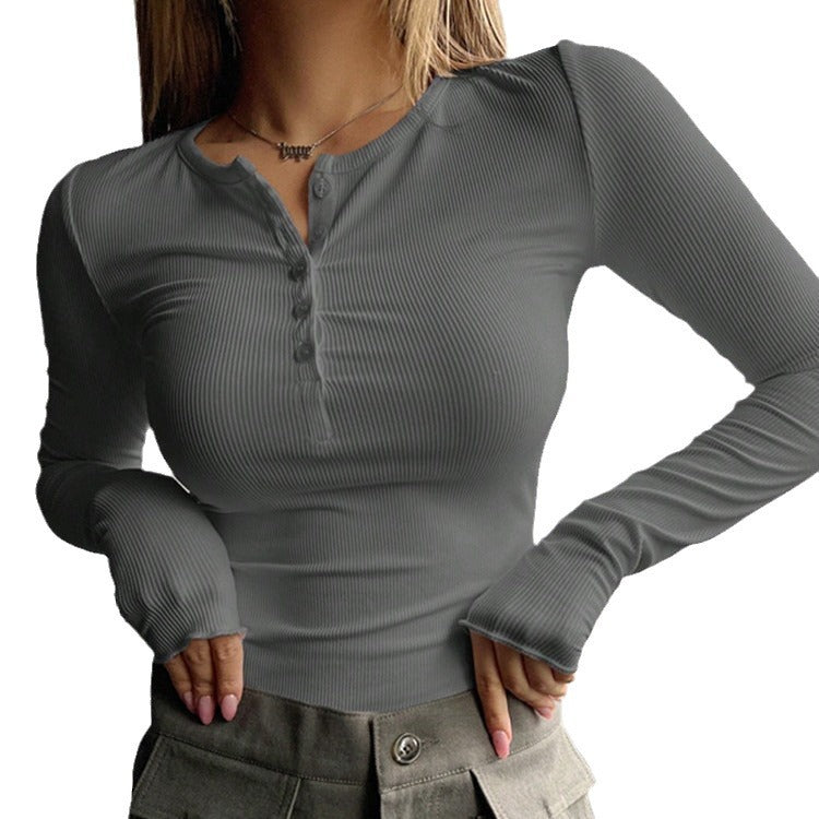 Damen schmeichelhaftes Langarm-Bodyshirt mit Knopfleiste WW
