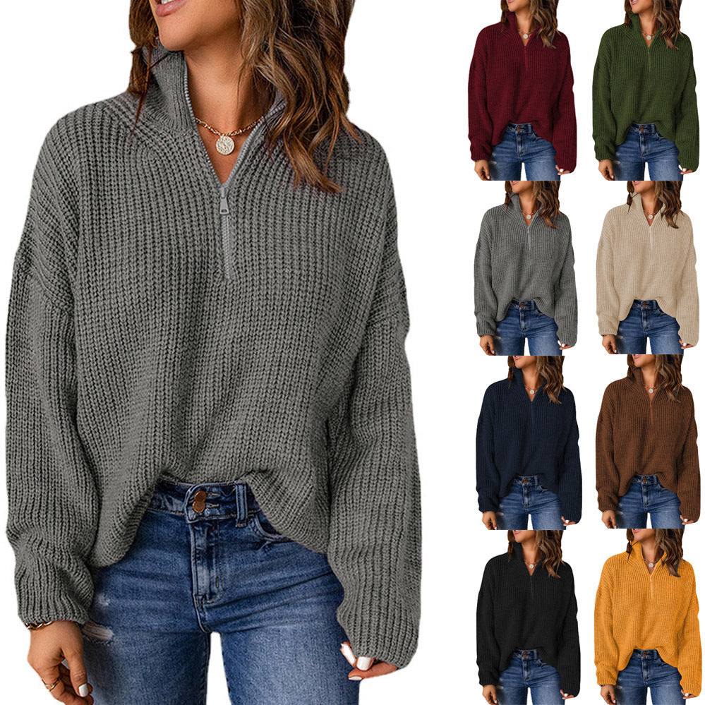 Damen Grober Strickpullover mit Stehkragen und Reißverschluss WW