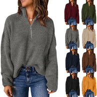 Damen Grober Strickpullover mit Stehkragen und Reißverschluss WW