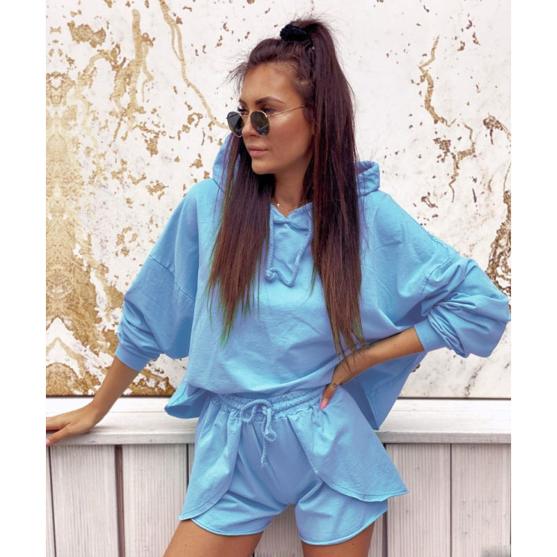 Damen Casual Kapuzenpullover und Shorts Set WW