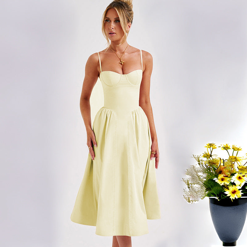 Damen Midi-Kleid mit eleganter Bustier-Oberfläche und schwingendem Rock WW
