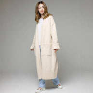 Damen bequemer langer Strickcardigan mit Taschen und breiten Ärmeln WW
