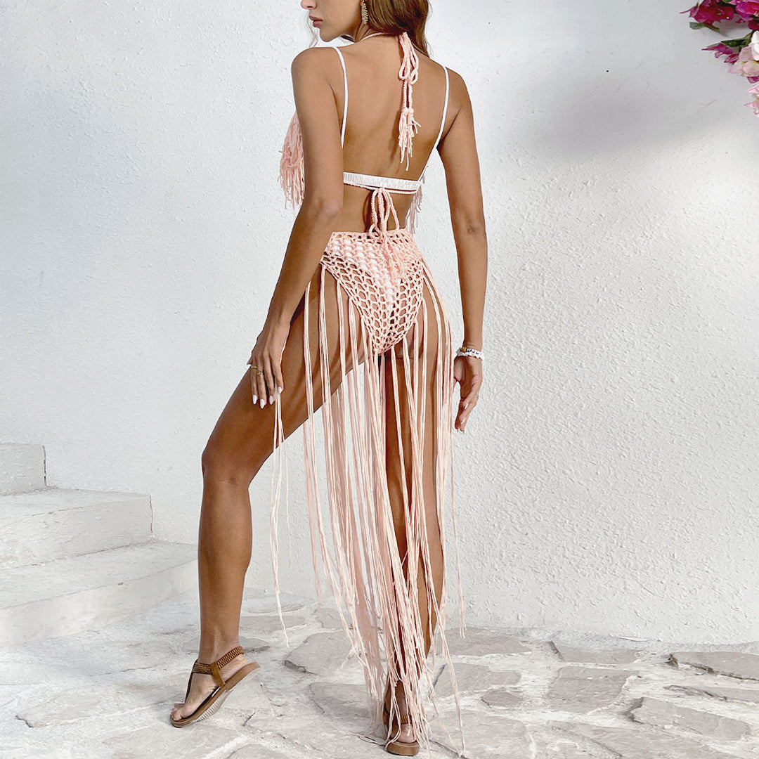 Damen Häkel-Badestrandkleid mit fransigen Details und tiefem V-Ausschnitt W&W Mode