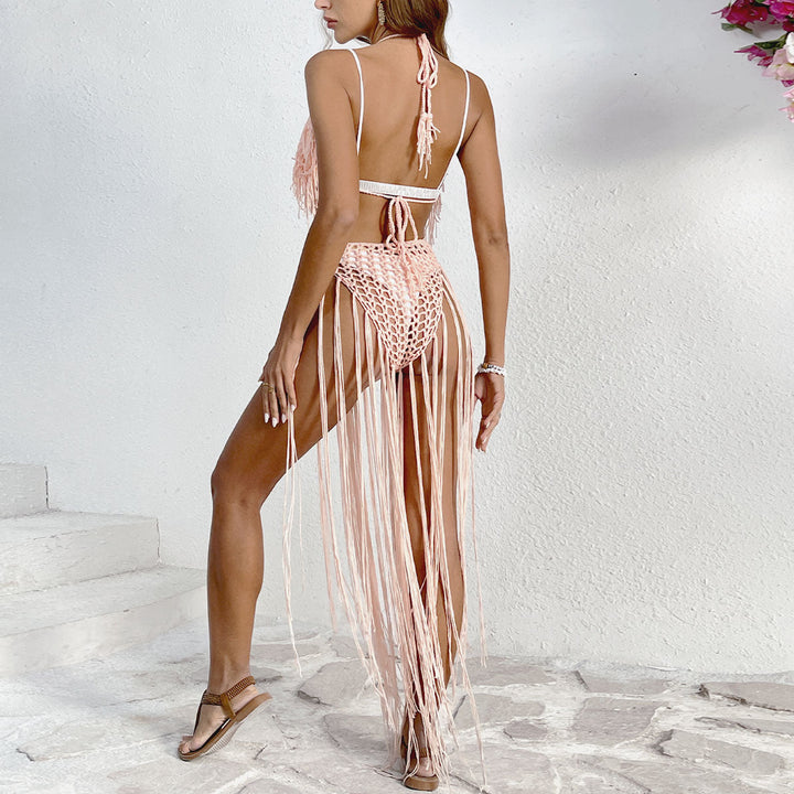 Damen Häkel-Badestrandkleid mit fransigen Details und tiefem V-Ausschnitt W&W Mode