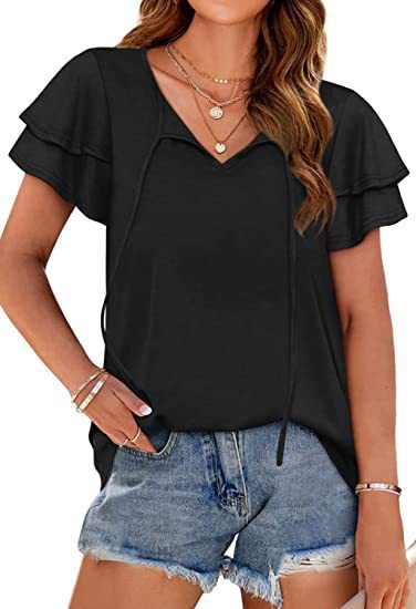 Damen lässiges V-Ausschnitt Blusenshirt mit Rüschendetails WW