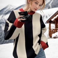 Damen Strickpullover mit gerafften Ärmeln und kontrastierendem Streifenmuster WW