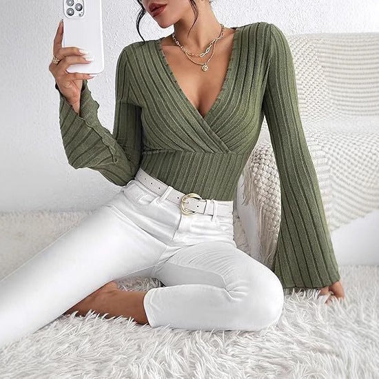 Damen Strickoberteil mit Wickeldesign und weitem Ärmel WW