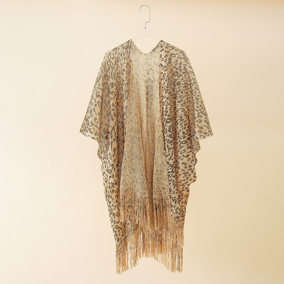 Damen Eleganter Fransen-Poncho mit Leopardenmotiv WW