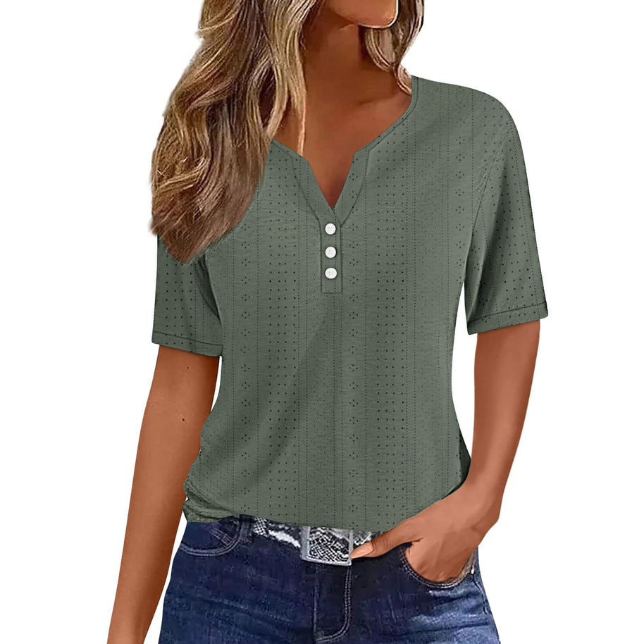 Damen kurzärmeliges T-Shirt mit Knopfdetails und eingewebtem Muster WW