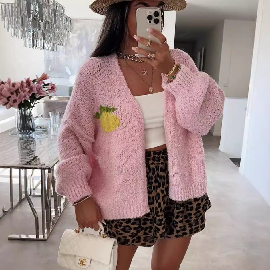 Damen Strickjacke mit fröhlichem Ananas-Motiv und oversized Schnitt WW