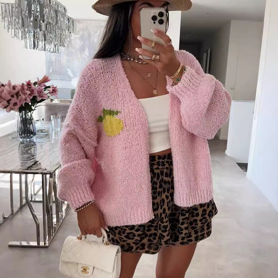 Damen Strickjacke mit fröhlichem Ananas-Motiv und oversized Schnitt WW