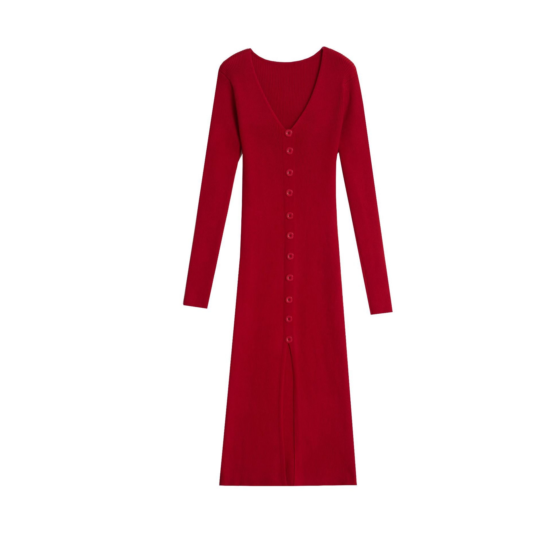 Damen Strickkleid mit fein strukturierter Rippoptik und eleganten Knopfdetails WW
