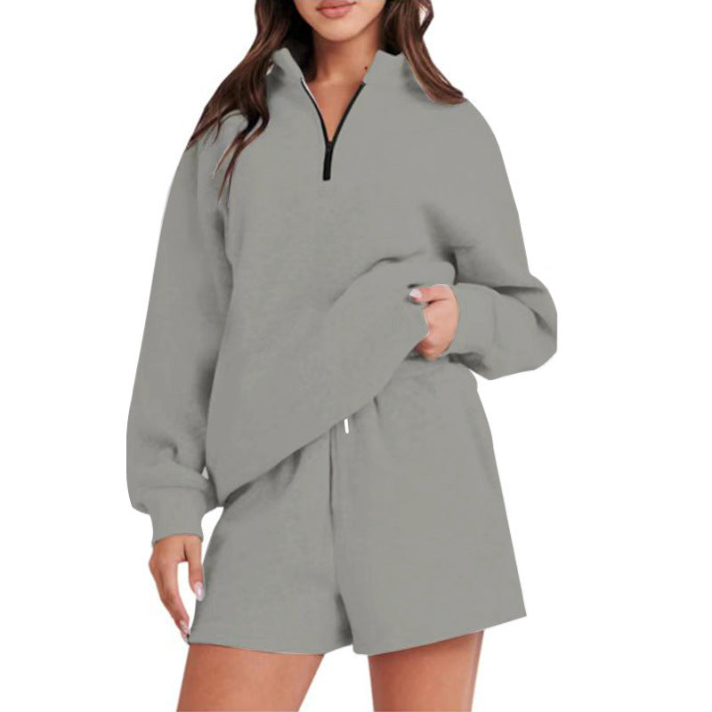 Damen bequemen Freizeit-Sweatanzug mit halbem Reißverschluss und Shorts WW