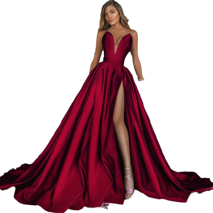 Damen A-Linien Maxikleid mit tiefem V-Ausschnitt und elegantem Schlitz W&W Mode