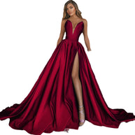 Damen A-Linien Maxikleid mit tiefem V-Ausschnitt und elegantem Schlitz WW