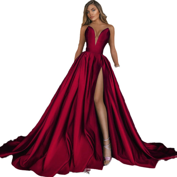 Damen A-Linien Maxikleid mit tiefem V-Ausschnitt und elegantem Schlitz WW
