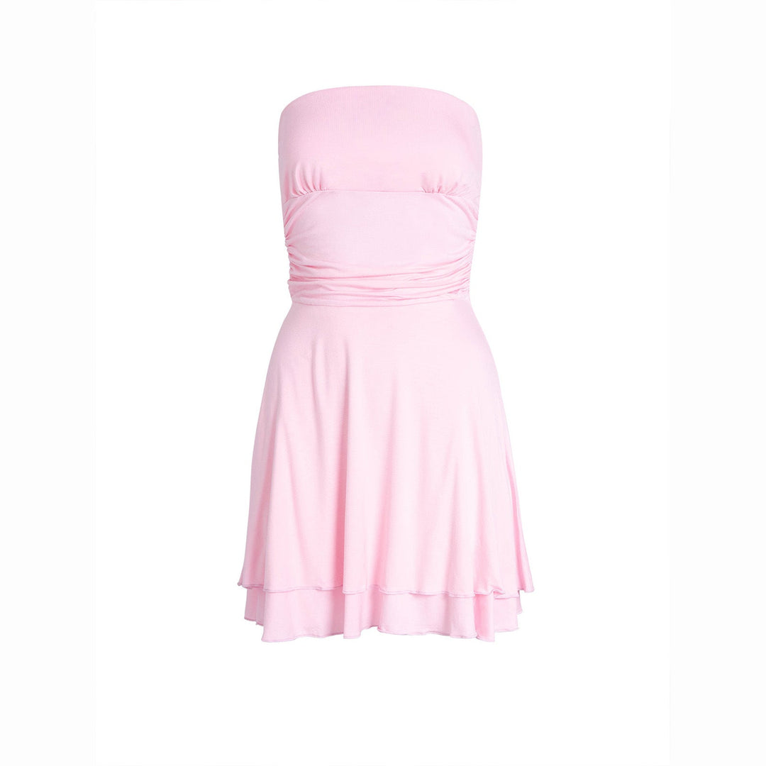Damen ärmelloses Mini-Kleid mit gerafftem Oberteil und fließendem Saum W&W Mode