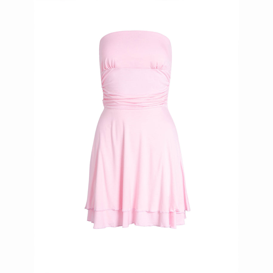 Damen ärmelloses Mini-Kleid mit gerafftem Oberteil und fließendem Saum WW