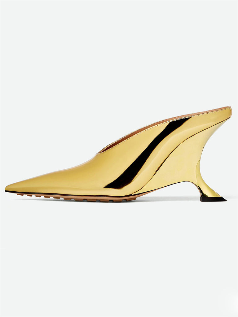 Damen Spitzzehen Metallic Wedge Mules mit skulpturiertem Absatz WW