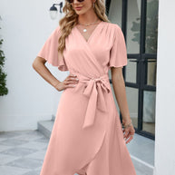 WW | Satin V-Ausschnitt Taillenbetonendes Glockenärmel Sexy Kleid
