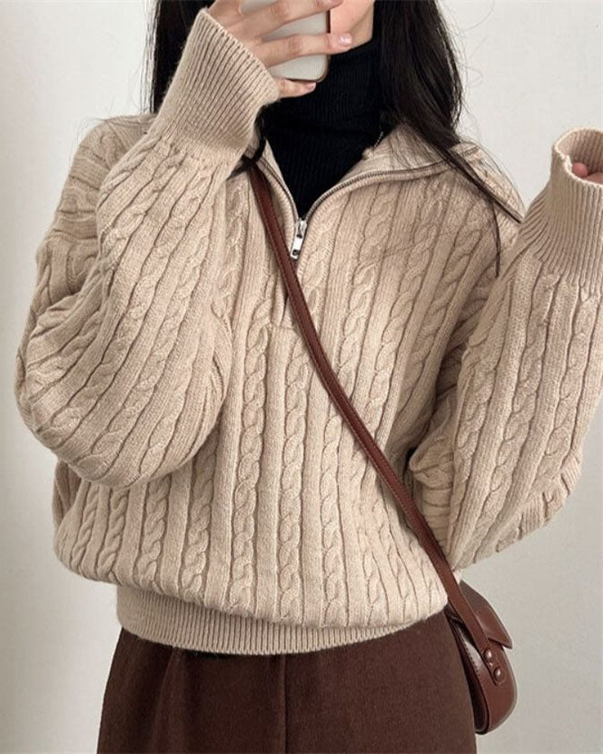 W&W Mode Vintage Rollkragen Reißverschluss Twist Strickpullover