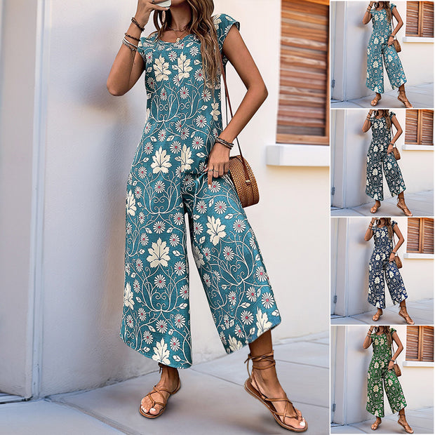 Damen Jumpsuit mit floralem Design und kastanienbraunem Bindegürtel WW