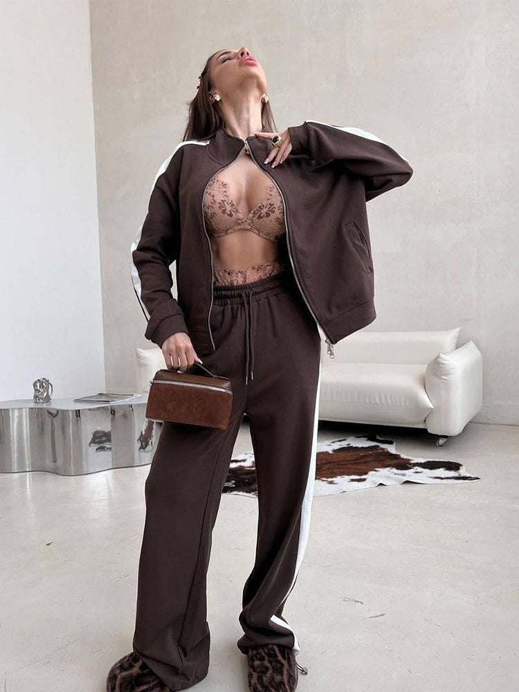 Damen sportlicher Fleece-Jogginganzug mit hohem Kragen und seitlichen Nähten WW