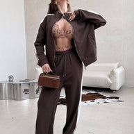 Damen sportlicher Fleece-Jogginganzug mit hohem Kragen und seitlichen Nähten WW