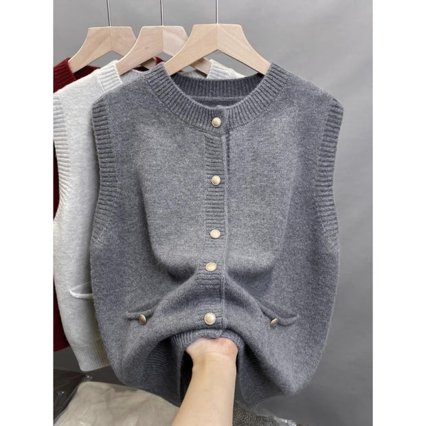 Damen Strickweste mit Knopfdetails und seitlichen Taschen WW