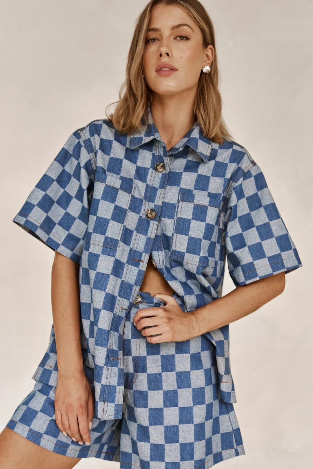 Damen Karierter Hemden-Set aus Denim W&W Mode