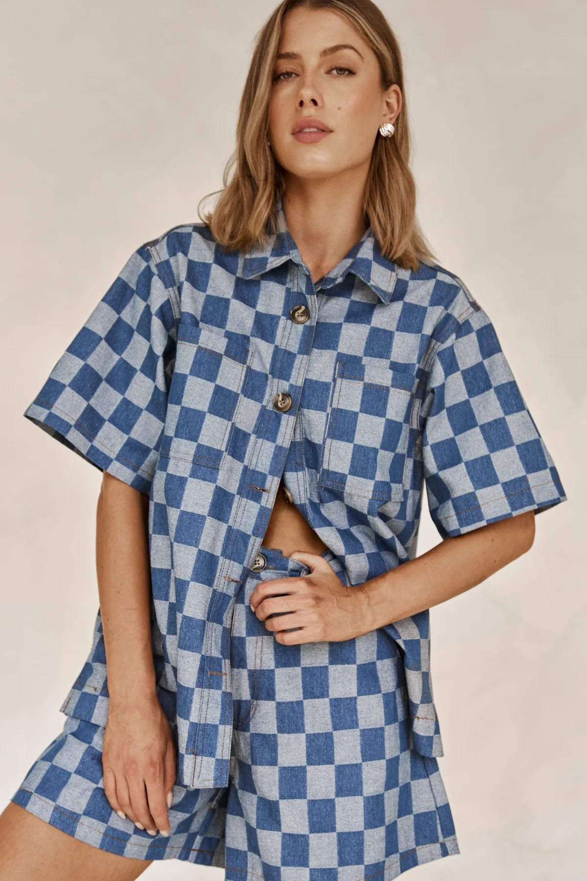 Damen Karierter Hemden-Set aus Denim WW