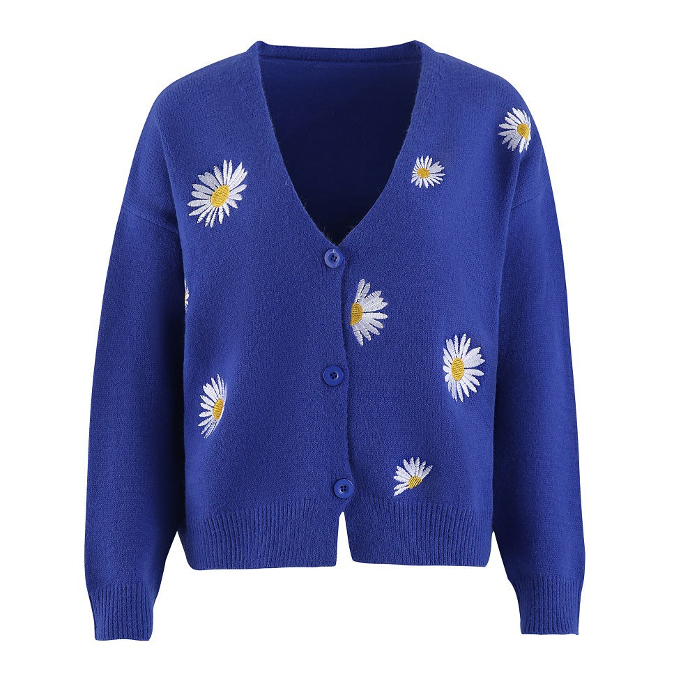 Damen Strickjacke mit Blumenstickerei und V-Ausschnitt WW