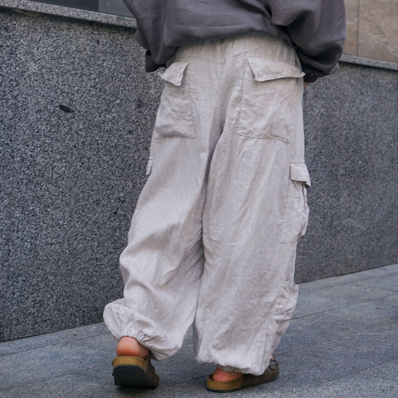 Herren lässige Cargo-Hose aus atmungsaktivem Leinenmaterial W&W Mode