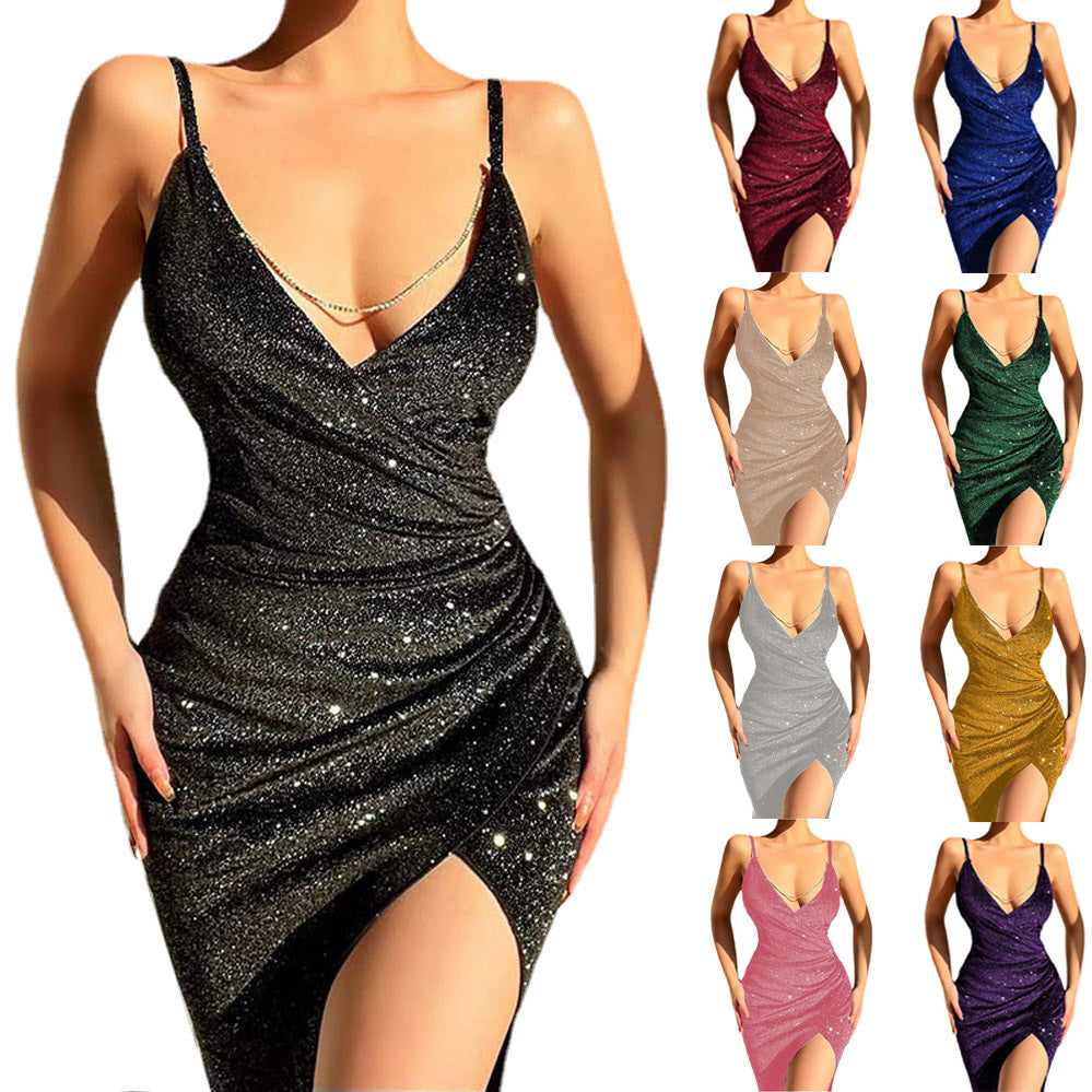 Damen Glitzerndes Wickelkleid mit tiefem V-Ausschnitt und seitlichem Schlitz WW
