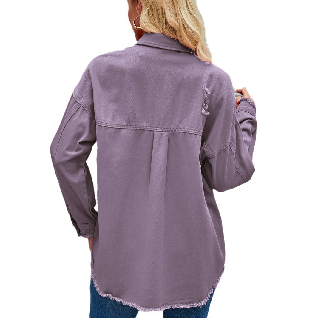 Damen Denim-Hemdjacke im lässigen Oversized-Schnitt mit fransigen Details W&W Mode