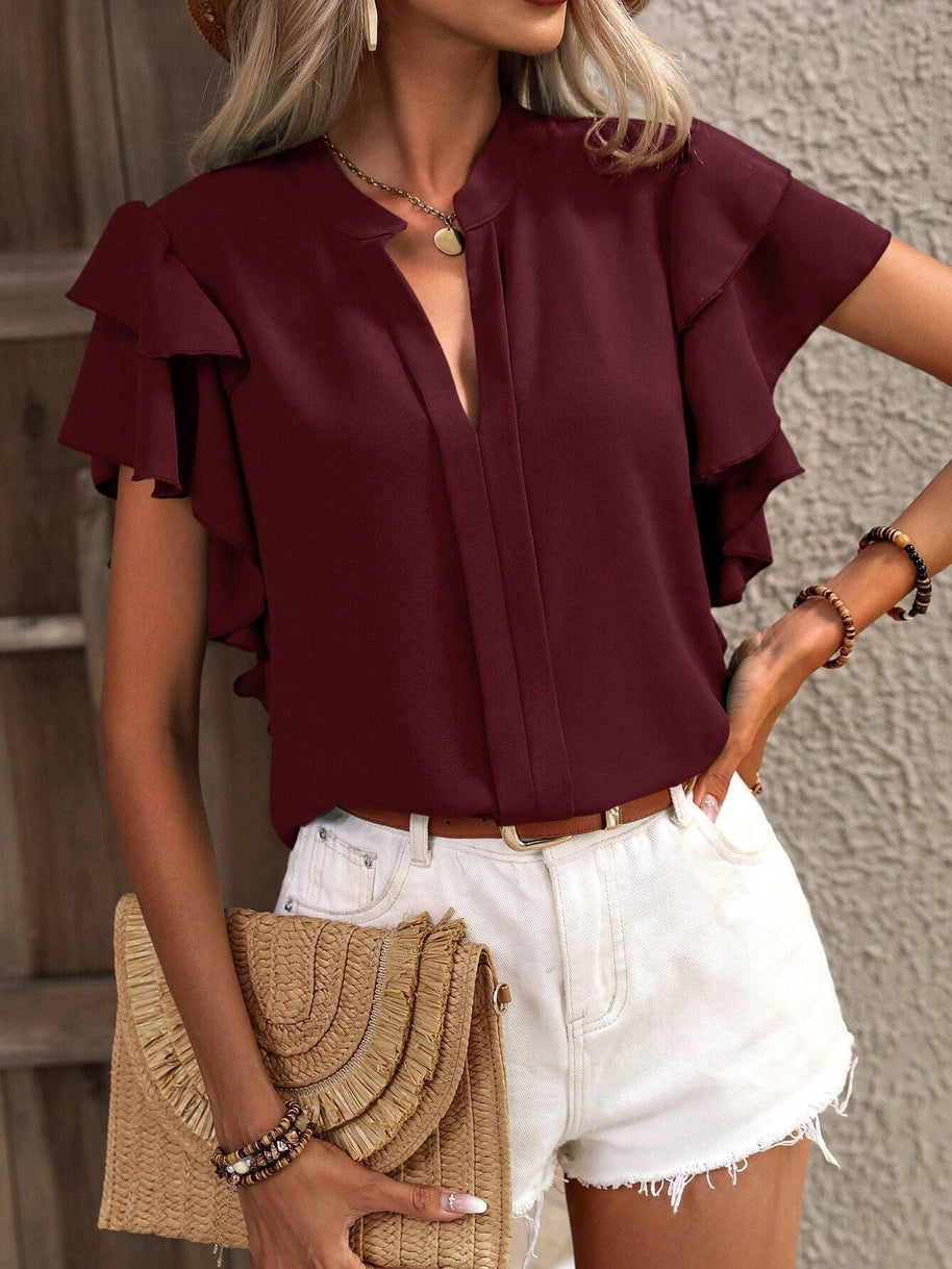 Damen Bluse mit dekorativen Rüschendetails und elegantem V-Ausschnitt WW