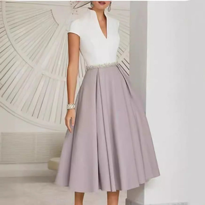 W&W Mode | Weißes Farbblock V-Ausschnitt Ausgestellt Sommerkleid
