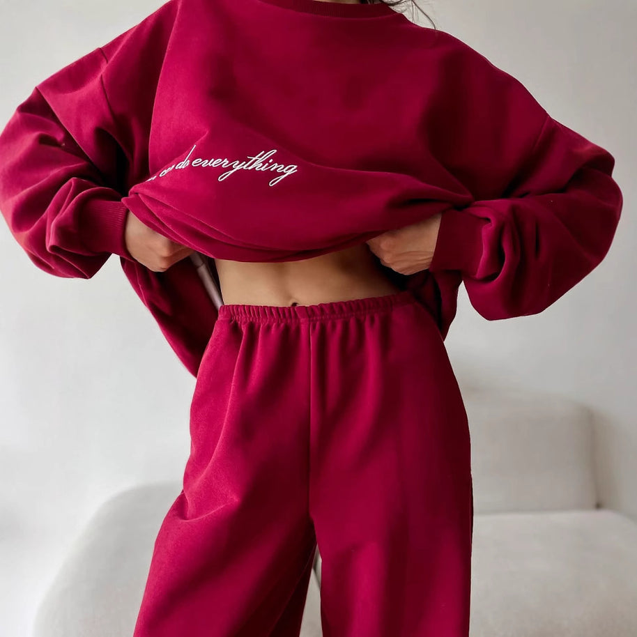 Damen bequemer Kuschel-Sweatanzug mit elastischem Bund und modischem Schriftzug WW