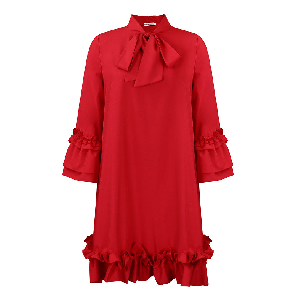 Damen Tunika-Kleid mit eleganten Rüschen und schickem Schleifenkragen WW