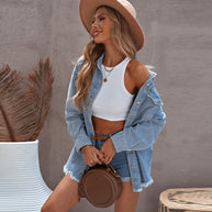 Damen Denim-Hemdjacke mit abgerundetem Saum und abnehmbaren Taschen WW