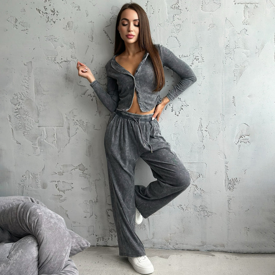 Damen Sportliches Freizeit-Set mit cropped Jacke und weiter Hose WW